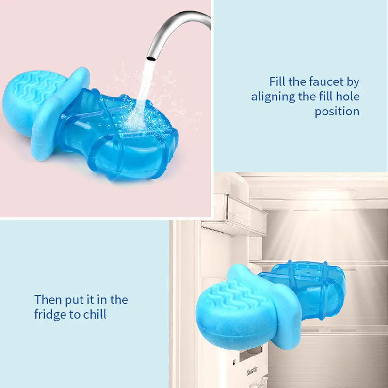 Summer ice cold dog popsicle cooling pet toy set with water-filled stick, pacifier, popsicle, and ring shapes