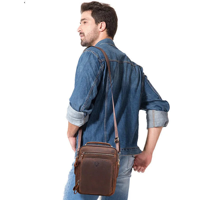 Men's brown Crazy Horse leather crossbody bag with sewing line detailing