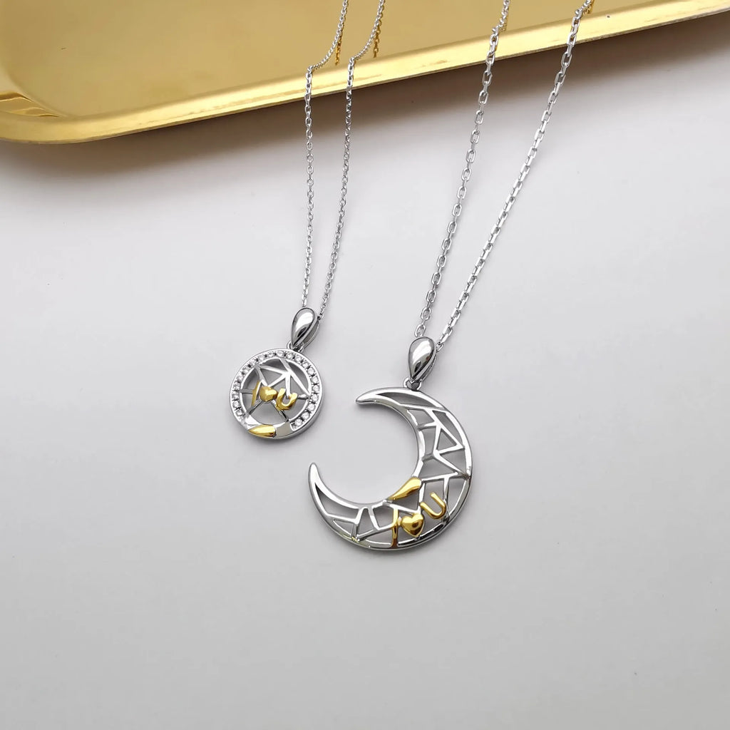 Sun and moon couple necklace set with copper pendants on cross chain