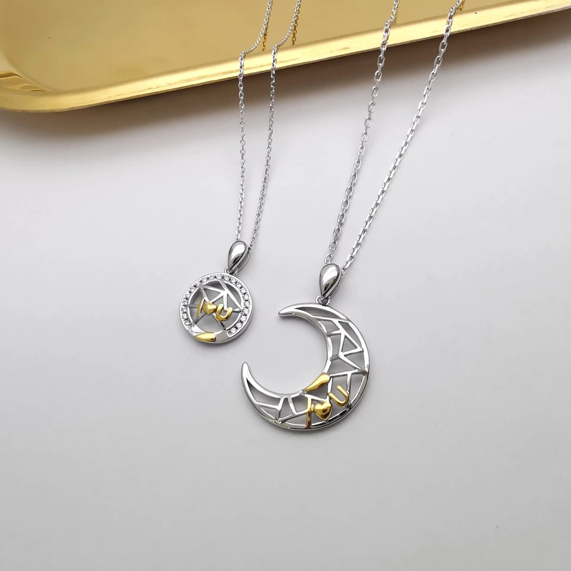 Sun and moon couple necklace set with copper pendants on cross chain
