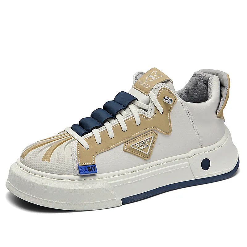 Men's beige and black casual sneakers with elastic band closure and microfiber upper