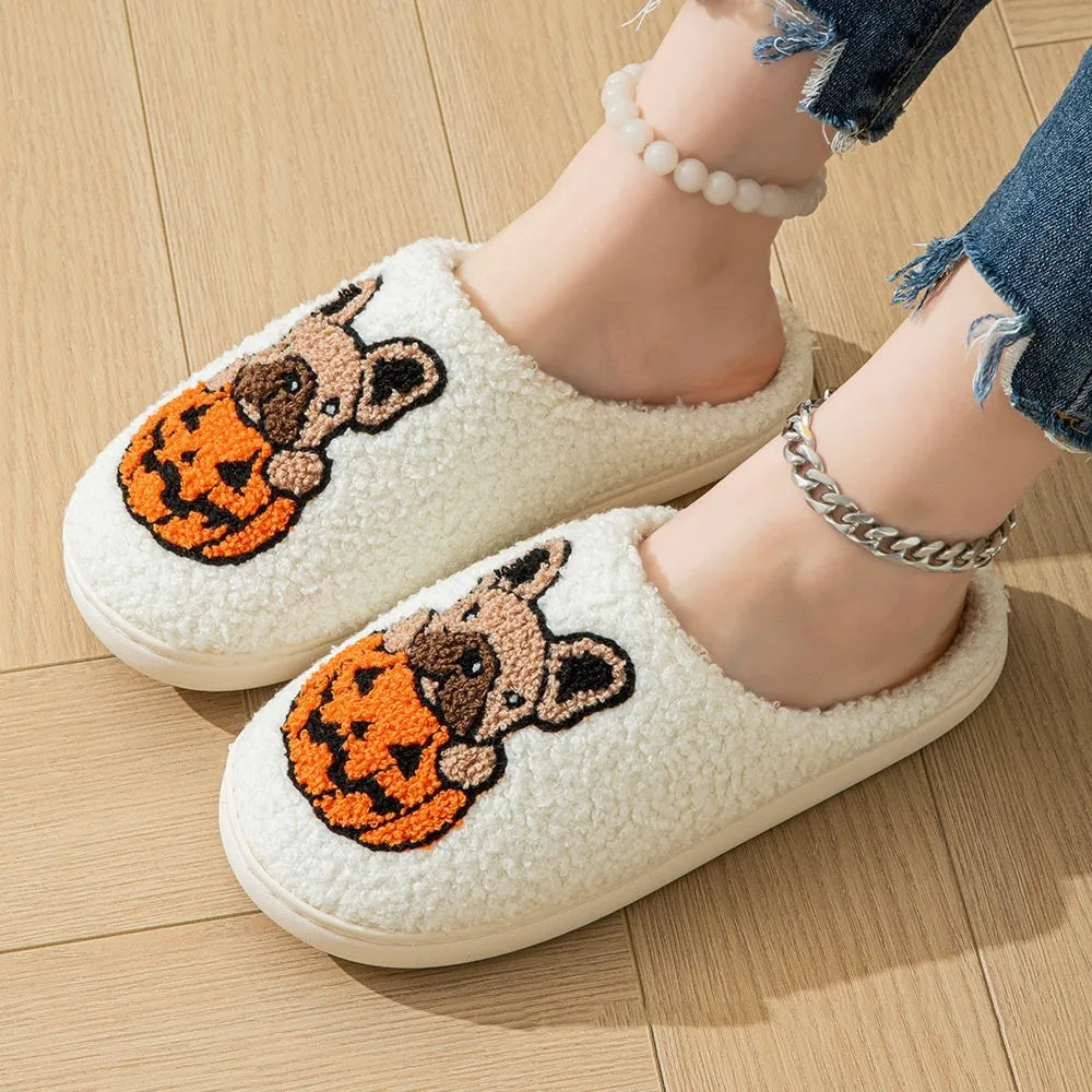 Black and white Halloween pumpkin slippers with soft velvet cotton upper and non-slip rubber soles