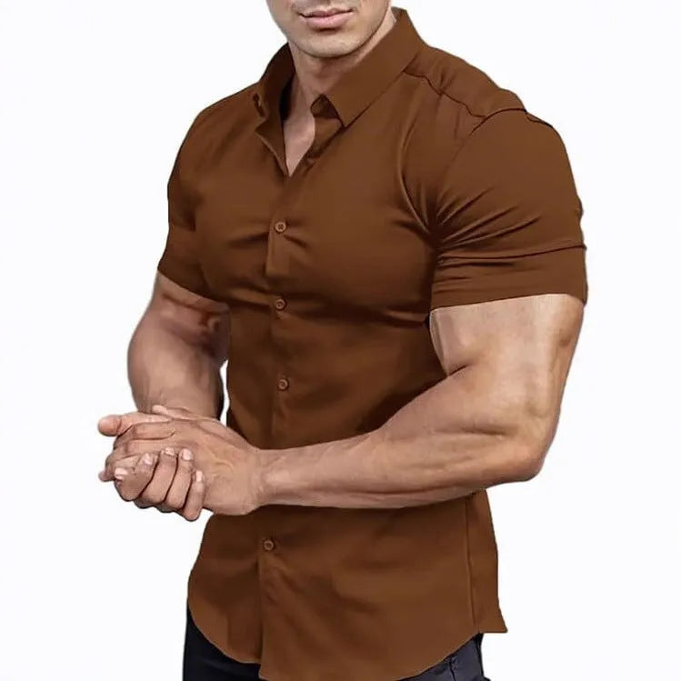 Men's short sleeve collared casual shirt in polyester, available in brown, blue, khaki and other colours.