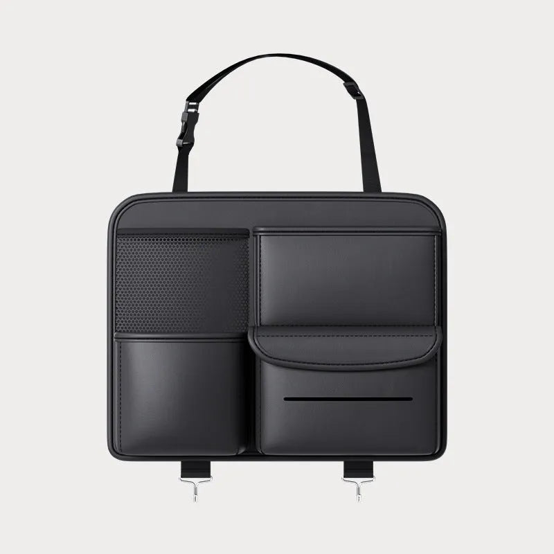 Black leather-look car seat back storage hanging bag with handle, two size options available