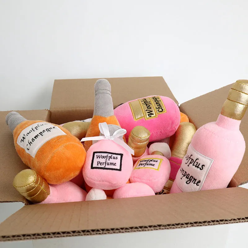 Plush wine bottle dog toy in multiple colour options including green, orange and red