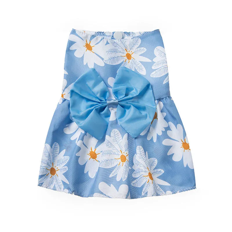Ultra-thin polyester pet dress with floral butterfly patterns and decorative coloured bow