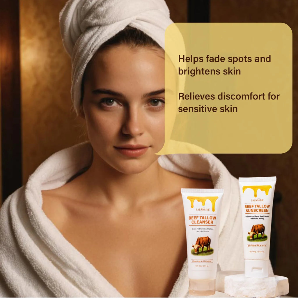 Beef tallow seven-piece skincare set showing facial cleanser, face cream, lipstick, protective cream, body lotion and facial scrub
