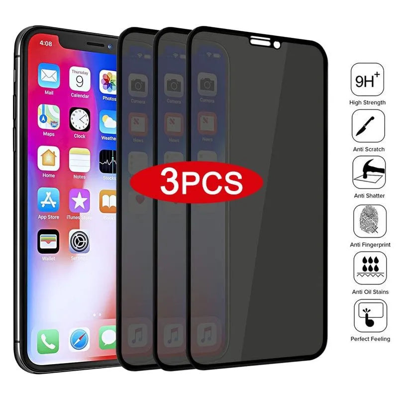 Black anti-peeping tempered glass screen protector for iPhone, front view with privacy filter visible at side angle