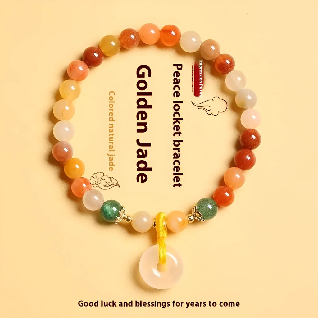 Handmade Chinese bracelet with Jinsi jade and red agate peace buckle beads, safety clasp
