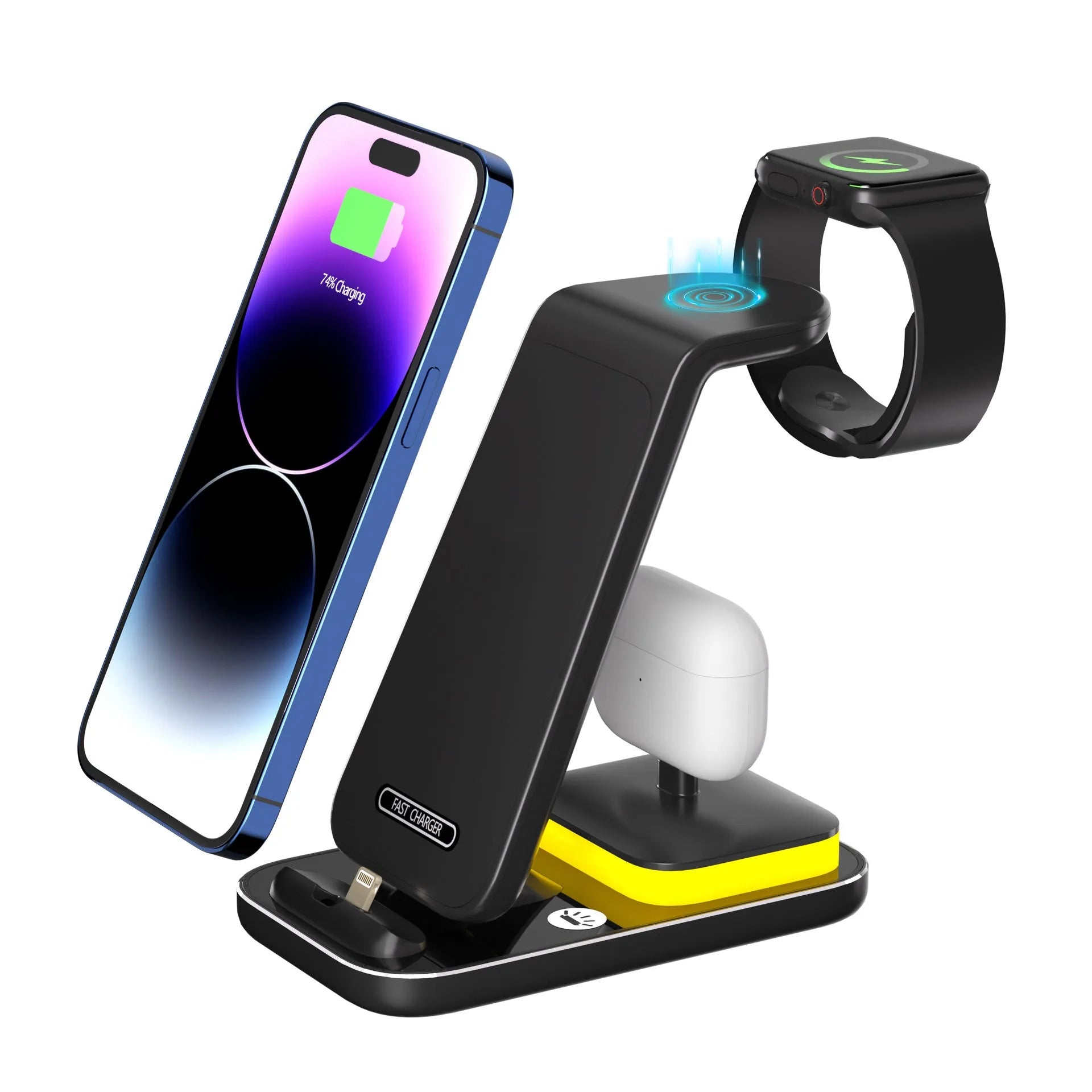 15W fast charge vertical wireless charger with phone, watch, and headset, black colour, on a desk