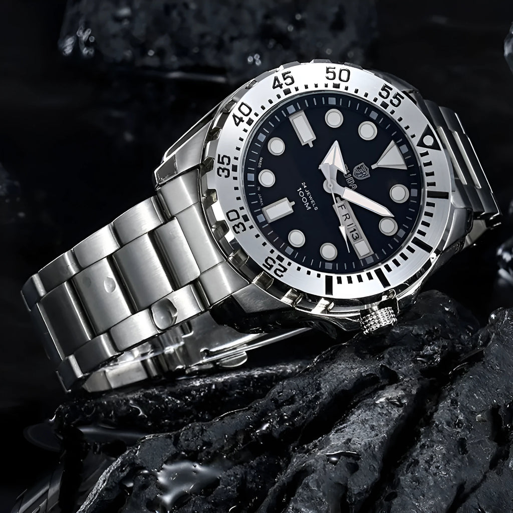 Waterproof luminous quartz men's watch with blue dial and steel strap