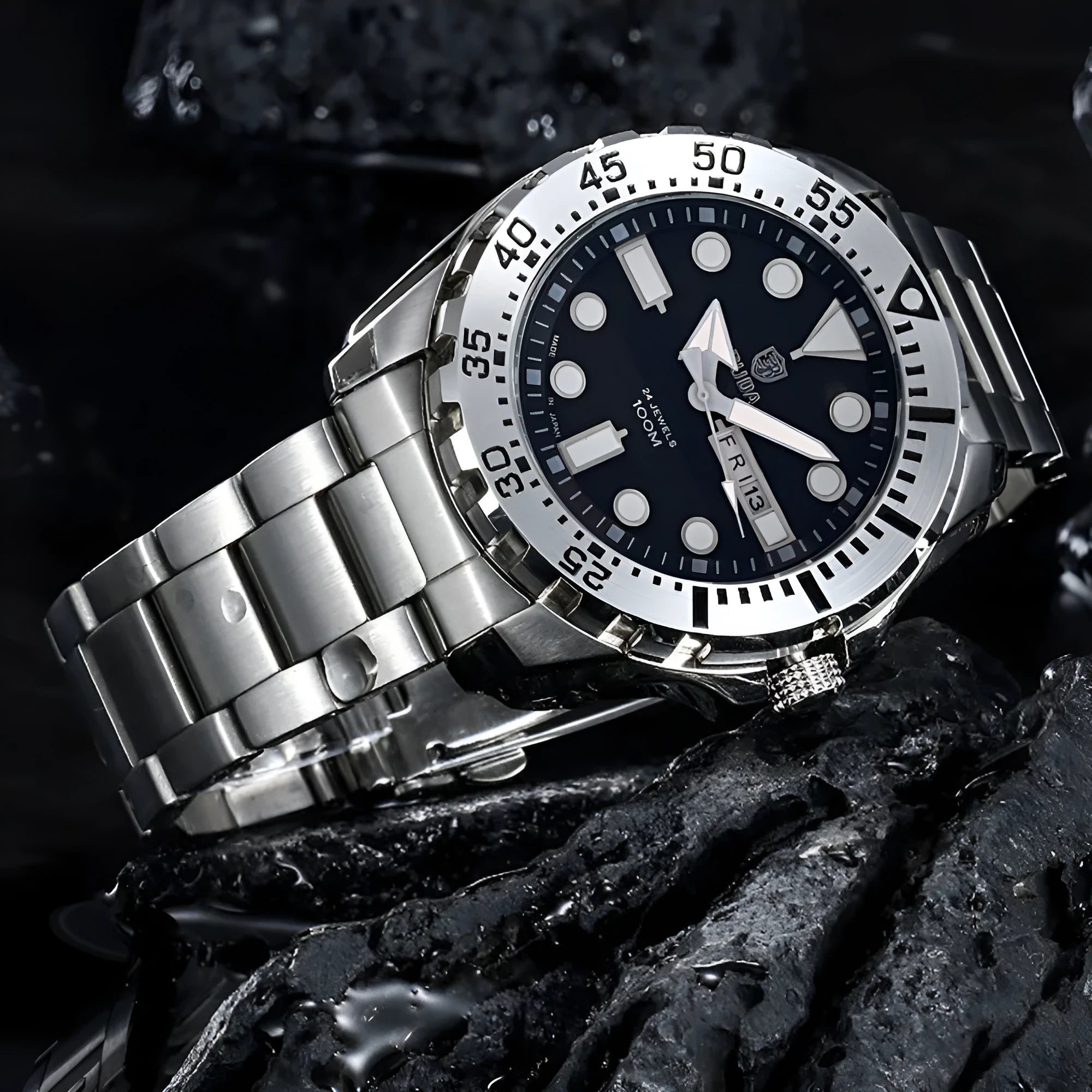 Waterproof luminous quartz men's watch with blue dial and steel strap