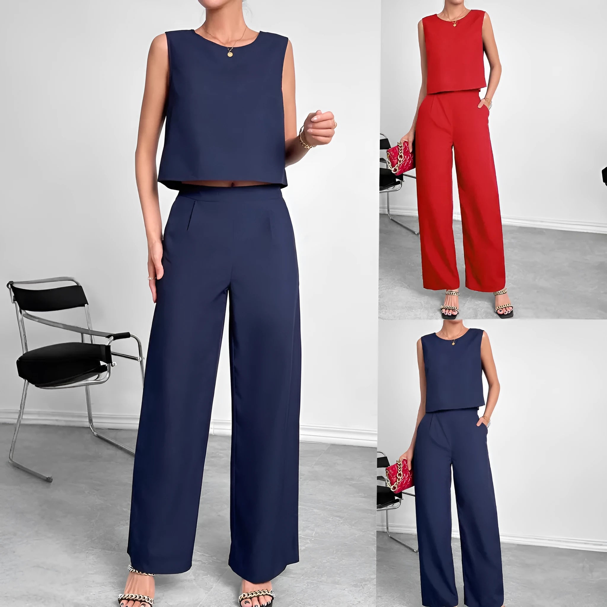 Red women's sleeveless top and wide-leg trousers two-piece set laid flat