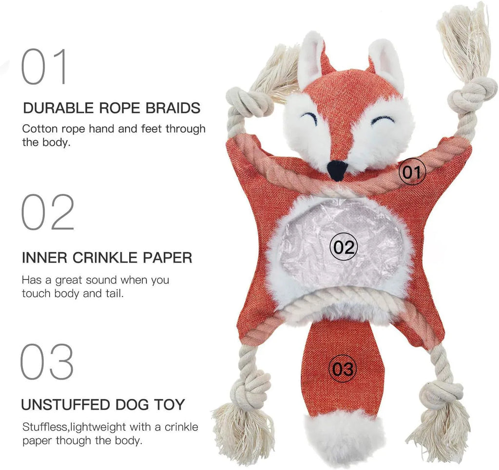 Brown fox-shaped dog toy with embroidered eyes, cotton rope limbs, and squeaker crinkle features
