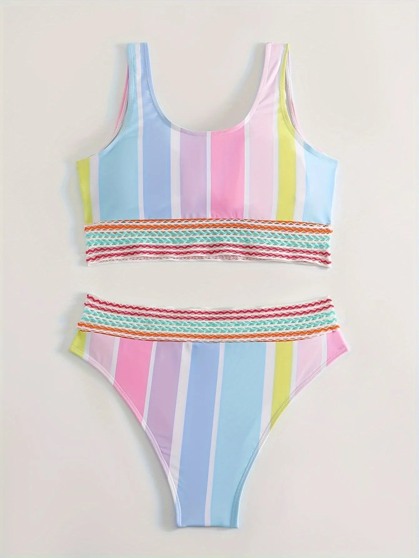 Women's striped two-piece bikini swimwear set with European and American fit sizing