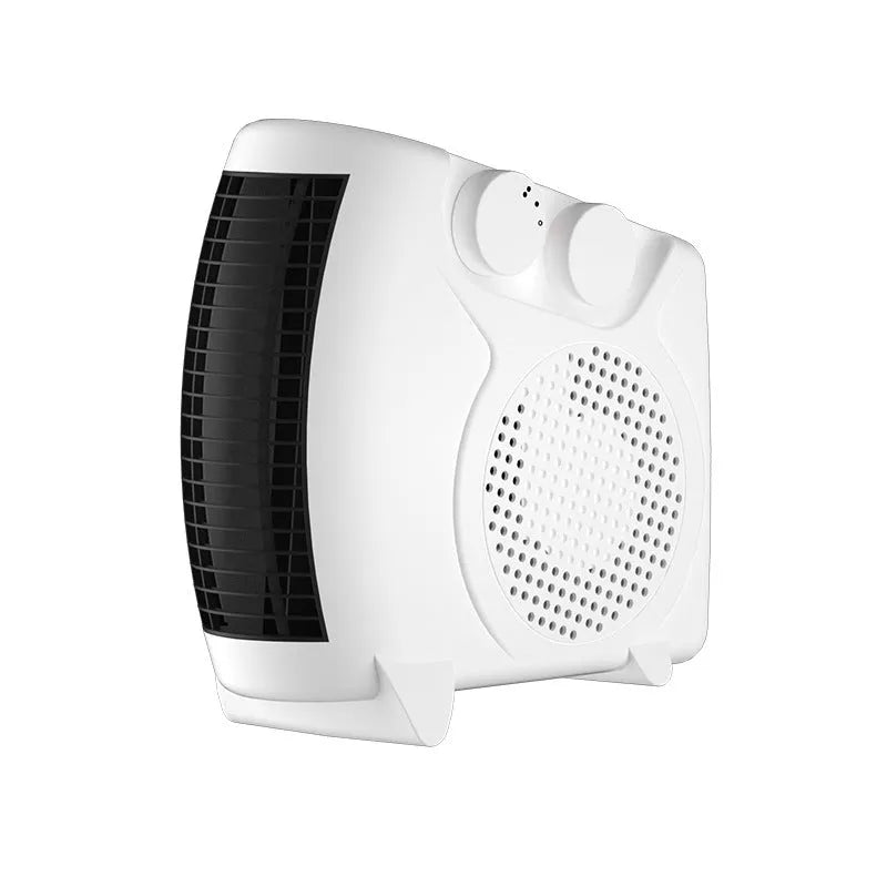 White compact electric fan heater on a desk, showing control dials and air outlet grille.