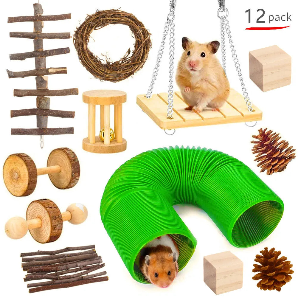 Assortment of natural wooden chew toys for small pets including balls and woven items on a straw mattress.