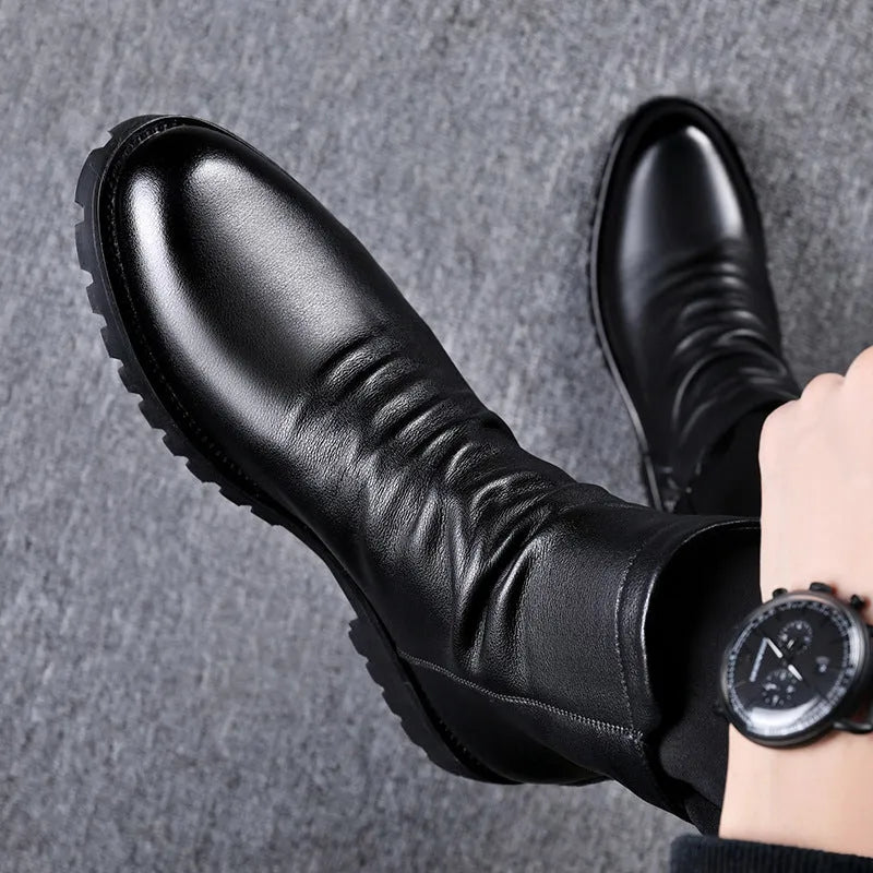 Men's high-top zipper Martin leather boots in black patent leather, side view showing side zipper and low wedge heel