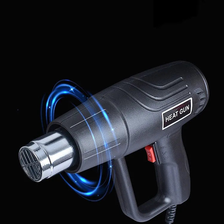 Black and silver industrial hot air gun with a grid-pattern nozzle and two-gear switch on the handle.