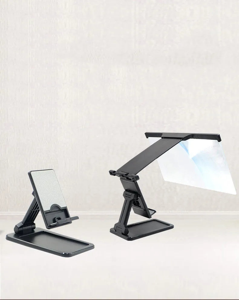 Black 12 inch mobile phone screen amplifier with detachable folding phone holder on desktop