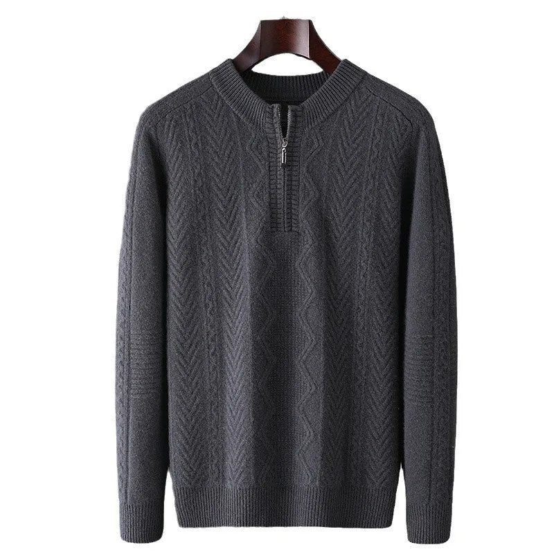 Men's diamond pattern wool sweater with half-zip front in camel colour