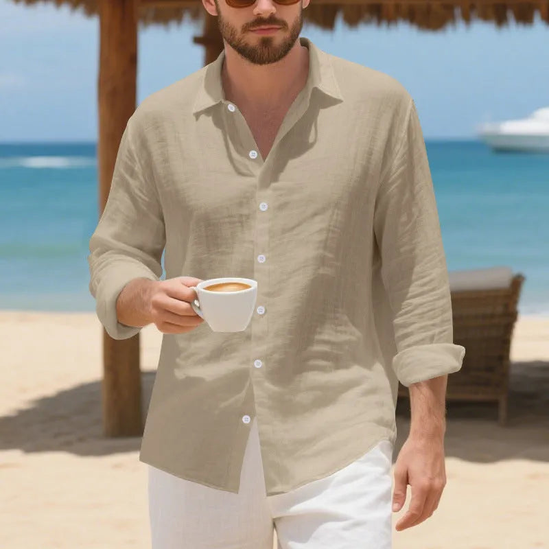 A loose-fit linen casual shirt in an earthy yellow colour, showing a non-iron texture and American-style collar.