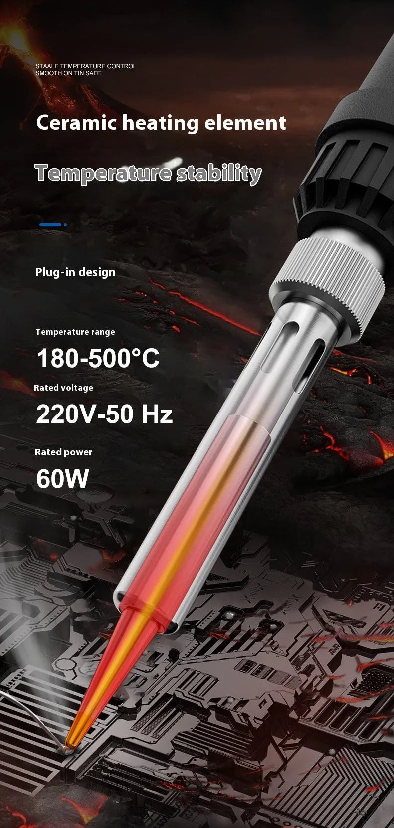 Grey 90W electric soldering iron with adjustable temperature control, ceramic heating core, and UK/US plug