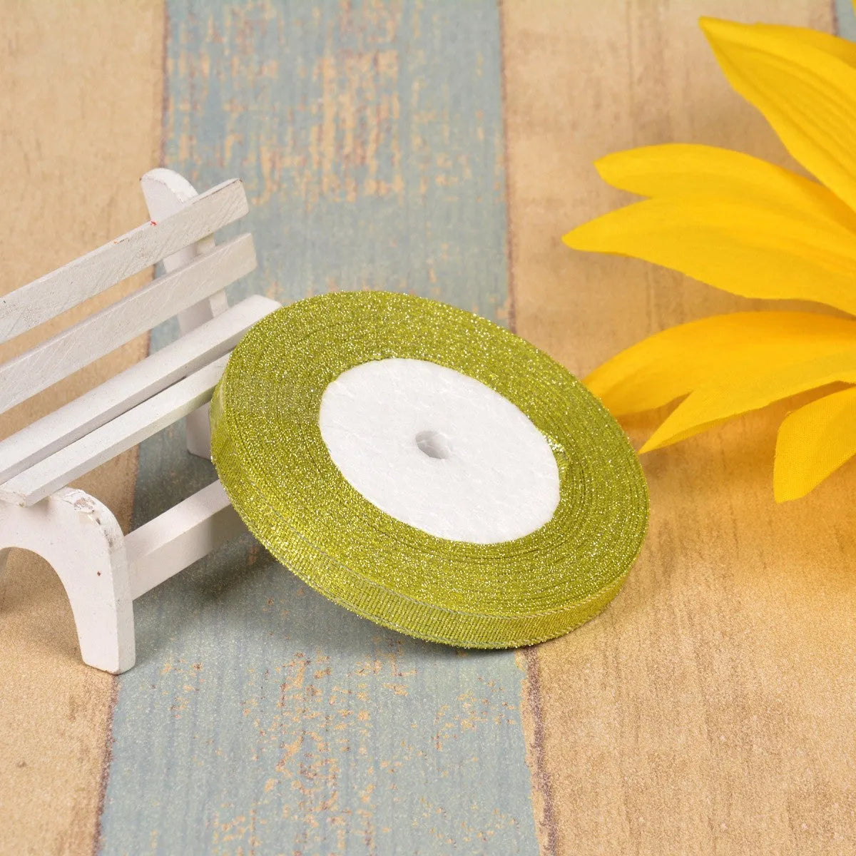 Green onion patterned polyester ribbon showing 1cm width and colour options for gift wrapping