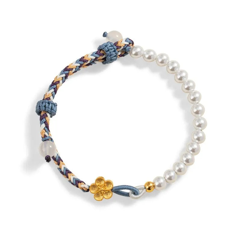 Colourful woven cord strap with electroplated finish, pearls, and flowers in Peach You Are Happy colour