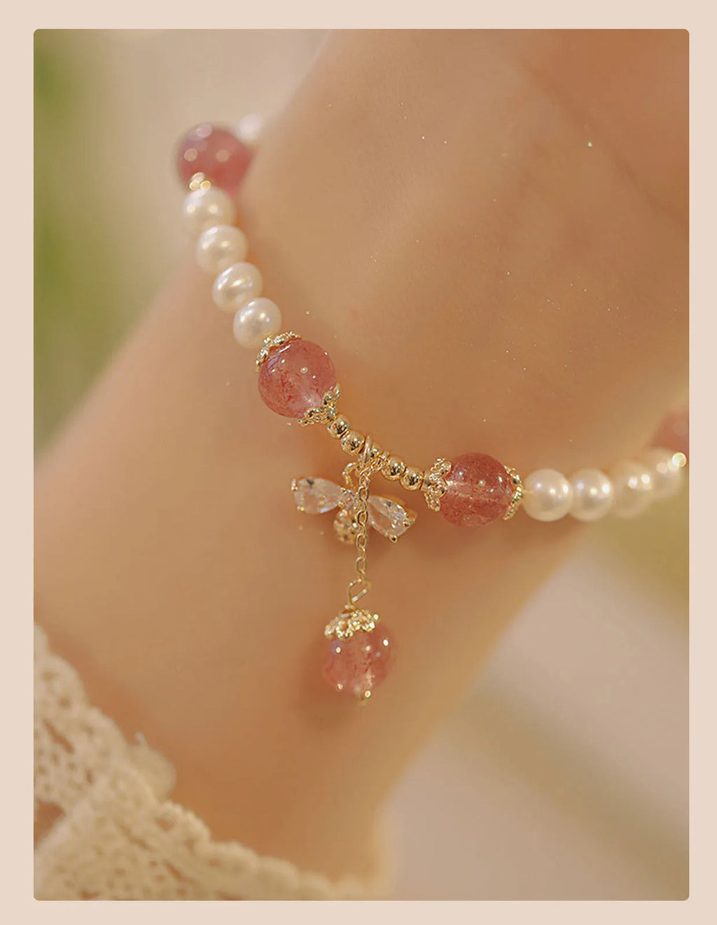 Crystal strawberry quartz stringed pearls bracelet with bow for women summer INS style