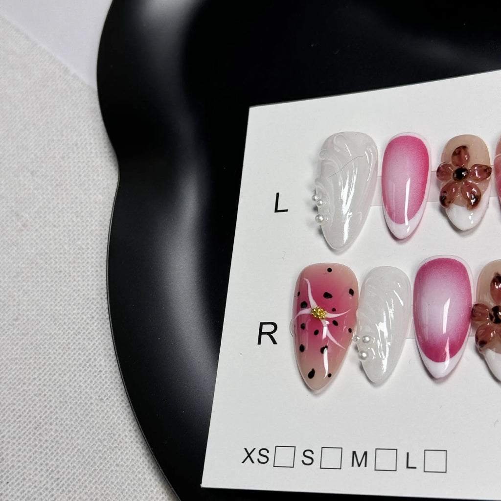 Hand-painted 3D carved nail art patches showing embossed cute patterns in four different sizes