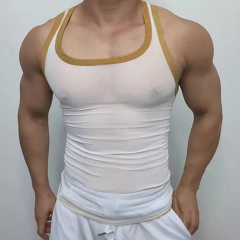 Men's fitness tight mesh style vest in solid colour with straight hem, white or black