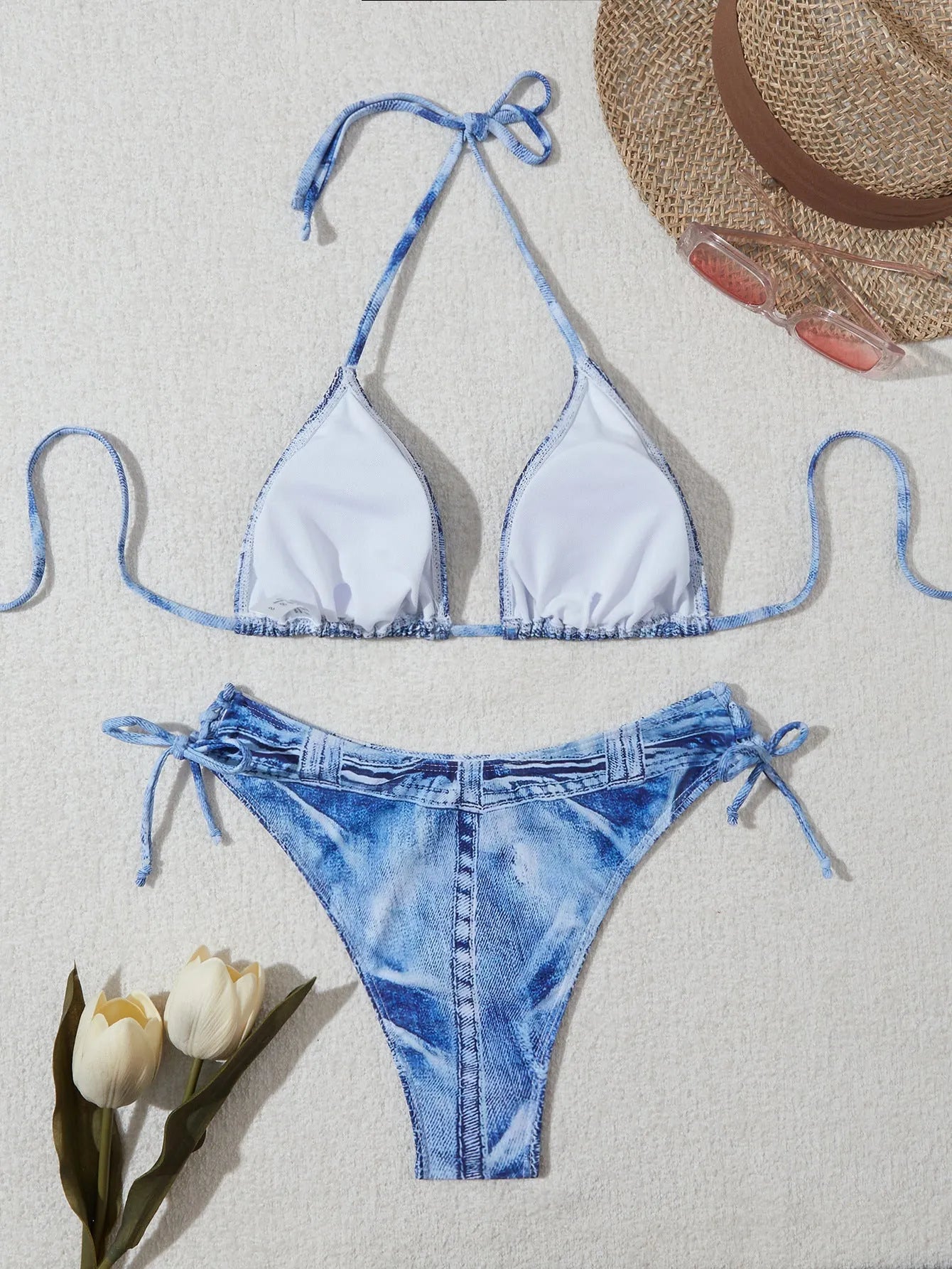 Women's denim print bikini set with strap details in blue colour