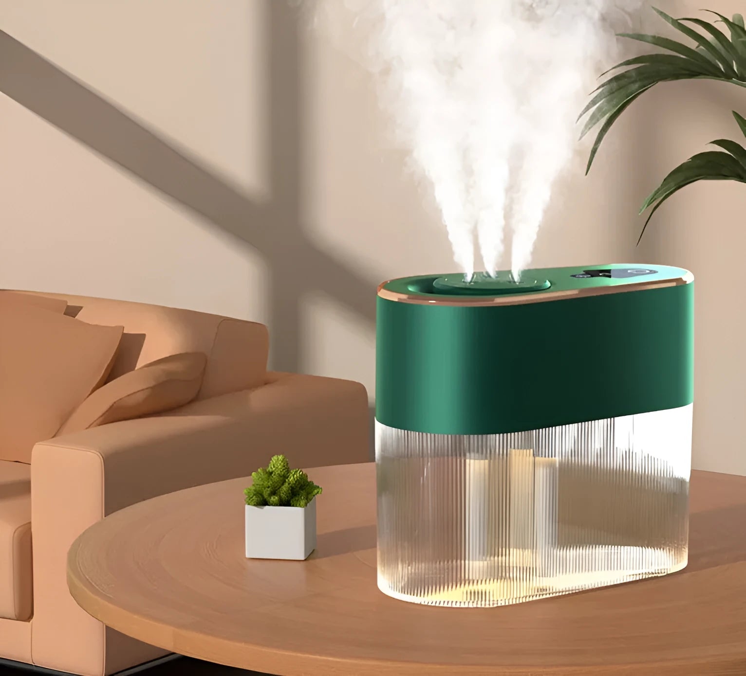 Electric three jet humidifier in blue with USB cable, 1.0-2.5L tank, and atmosphere lamp on a bedroom desktop