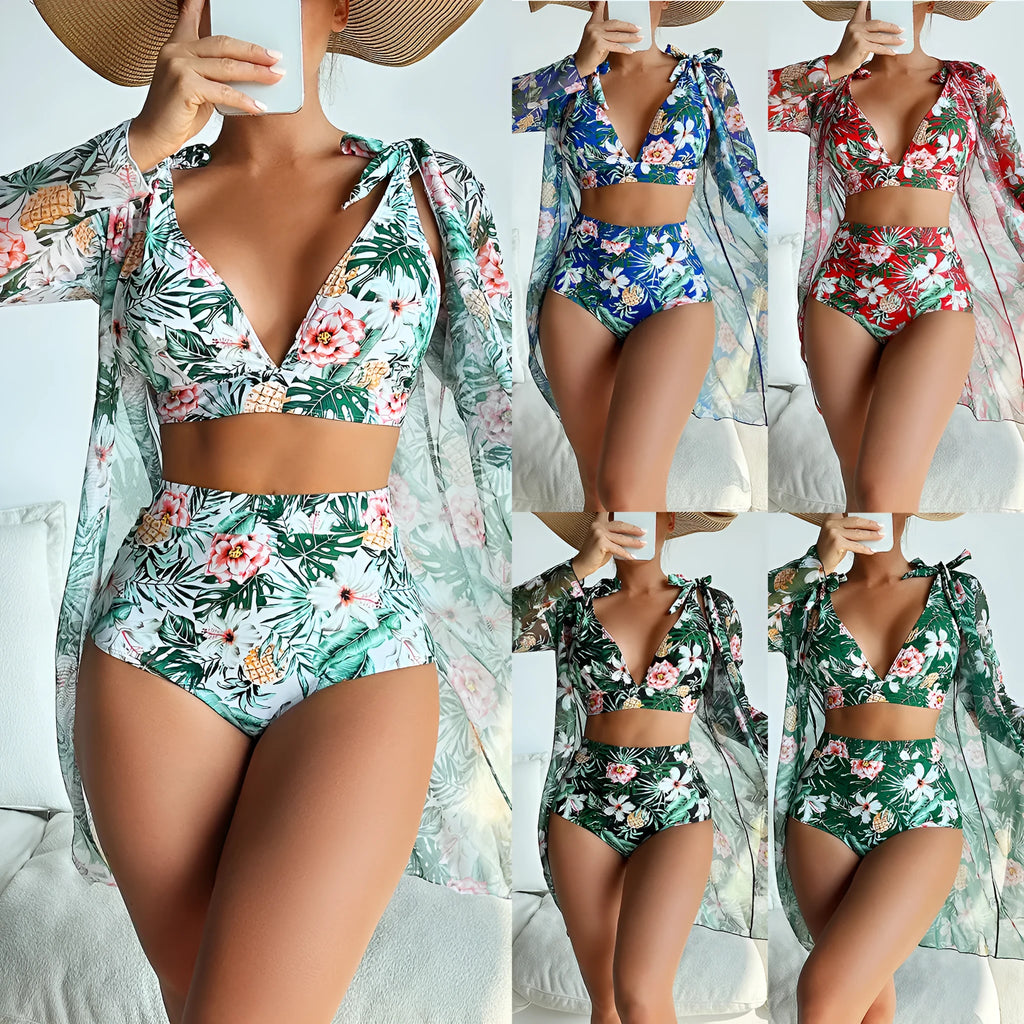 Women's printed three-piece bikini set with sunscreen shirt, bra, and shorts