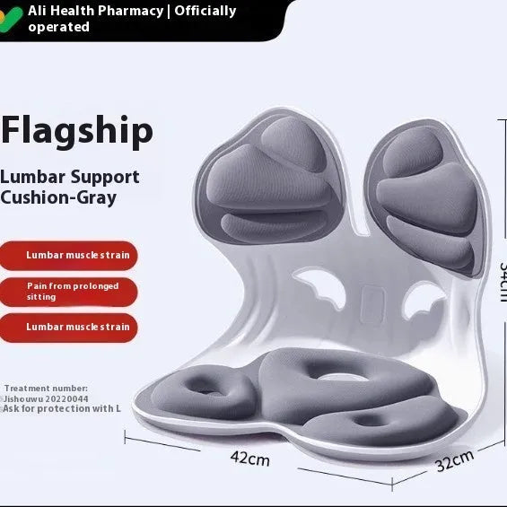 Grey and Black waist support seat cushion with lumbar support design for extended sitting comfort