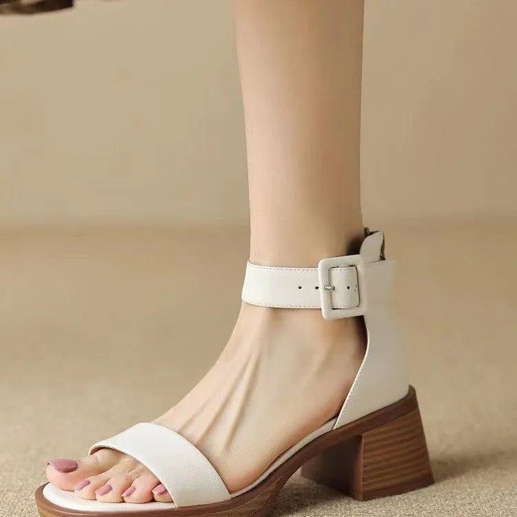 Retro ankle-strap platform high heels in white with round toe and PU upper for women