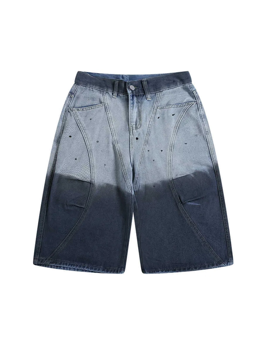 Tie-dye gradient worn looking washed-out cropped jeans in blue with mid waist loose fit