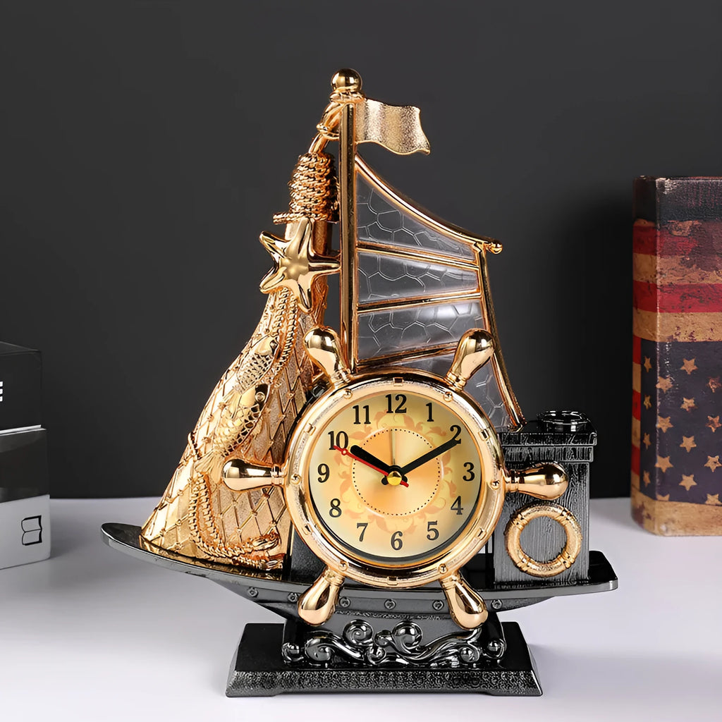 Fashion bedroom alarm clock with gold plastic body and electronic display, 22.6cm tall