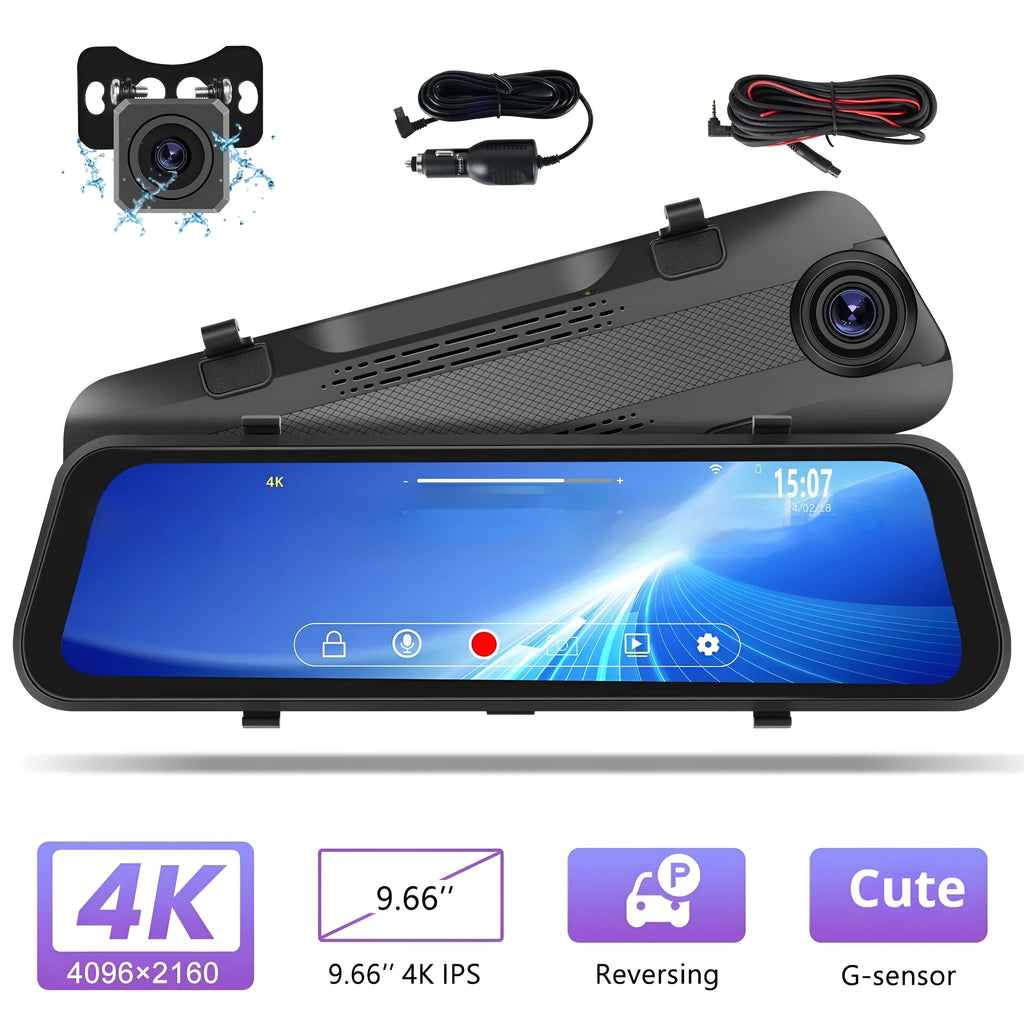 Streaming media rearview mirror dash cam with 9.66 inch touch screen front 4K rear 1080p dual cameras