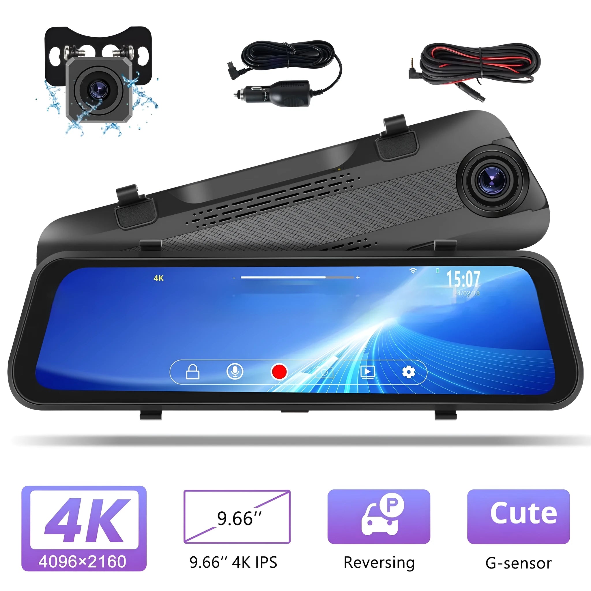 Streaming media rearview mirror dash cam with 9.66 inch touch screen front 4K rear 1080p dual cameras