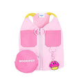 Pink pet traction vest made from 100% polyester fibre with leash ring hole, available in sizes XXS to XXL.