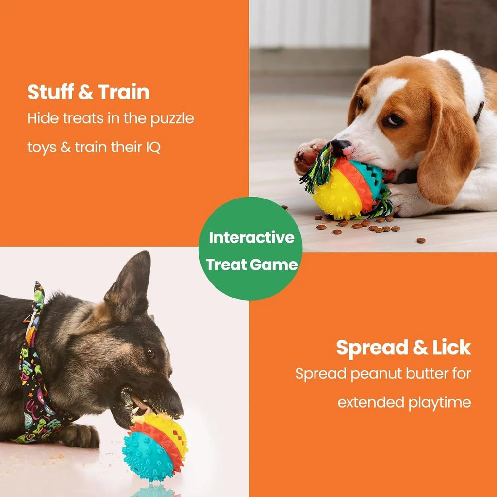 Blue and red squeaky dog toy with treat dispenser hole for aggressive chewers.