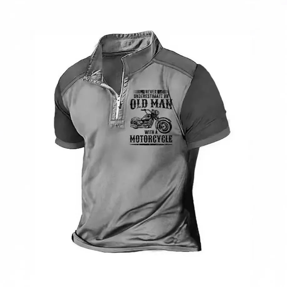 Men's grey casual polo shirt with lapel detail, zipper decoration, and digital letter printing on the front.