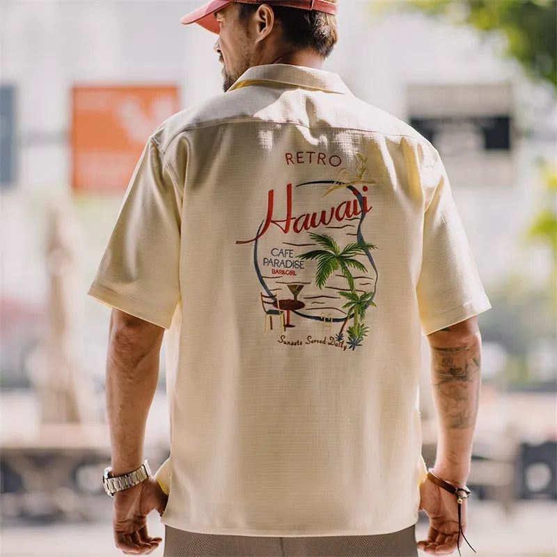Light apricot Cuban collar men's shirt with bamboo plant and flower pattern
