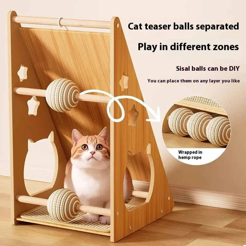 Vertical cat scratch board with wall-sticking design, wear-resistant surface, and cat teasing ball with hemp rope