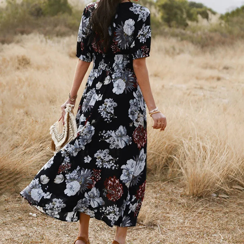 Floral print summer beach dress for women with V-neck and elastic high waist