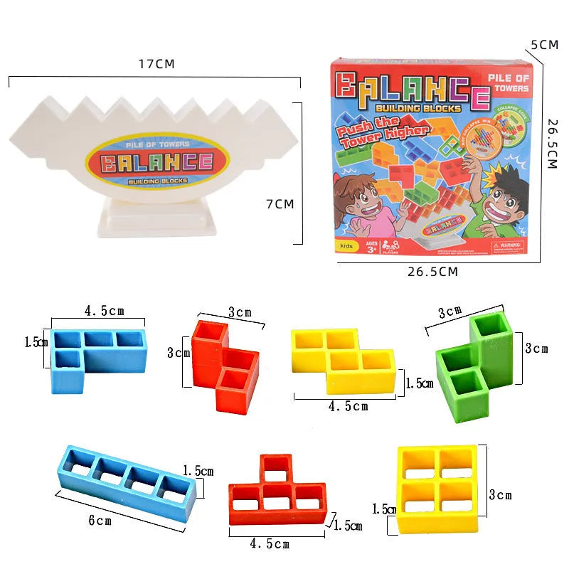 Plastic balance stacking game with colourful building blocks on 26.5cm square chassis