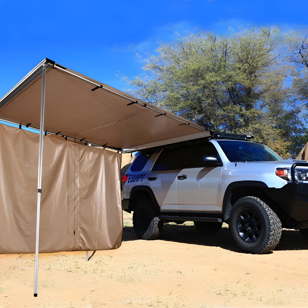 Camping tent with aluminium frame and black glue waterproof coating in outdoor setting