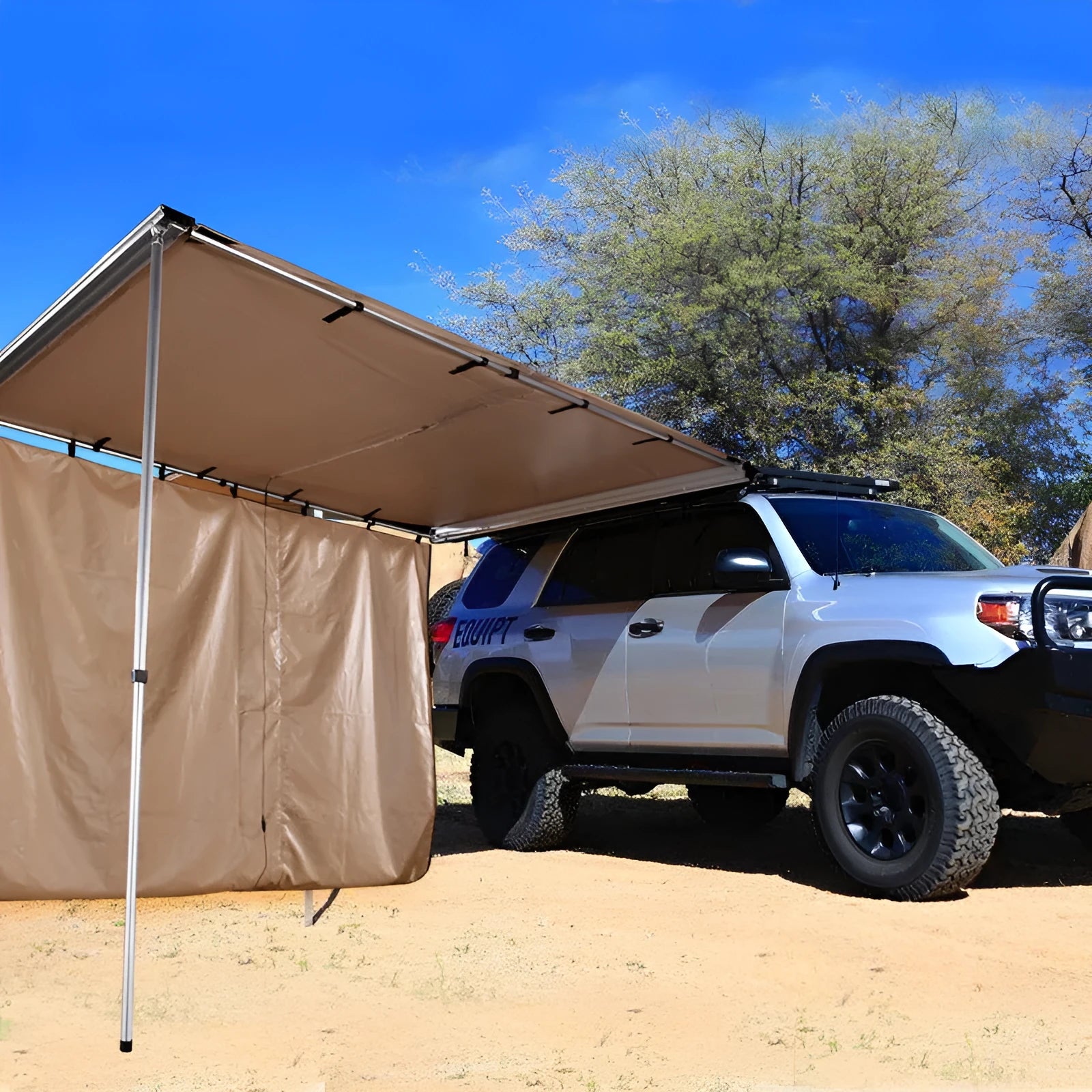 Camping tent with aluminium frame and black glue waterproof coating in outdoor setting